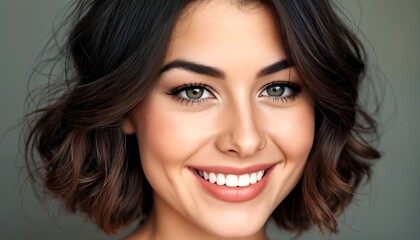 a woman with short hair and brown eyes is smiling at the camera.