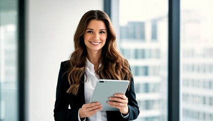 Obraz premium A young professional woman with long brown hair and a black blazer holding an ipad in front of a window.