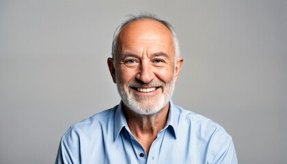 Fototapeta premium Portrait of a man with gray hair and beard, wearing a light blue shirt.