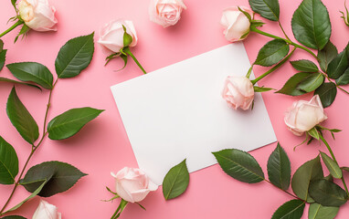 Soft Pink Roses with Blank Card on Pastel Background – Valentine’s and Romance Theme