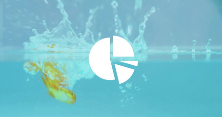 Image of pie chart and financial data processing over gold fish in water