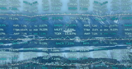 Image of financial data processing over landscape
