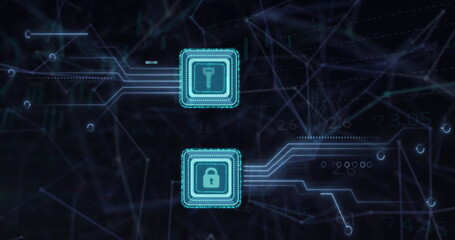Image of key and padlock icons, circuit board and data processing over black background