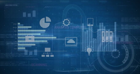 Image of padlock and data processing over blue background