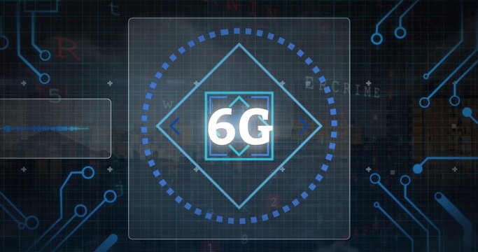 Image of 6g text, scope and data processing with circuit board over black background