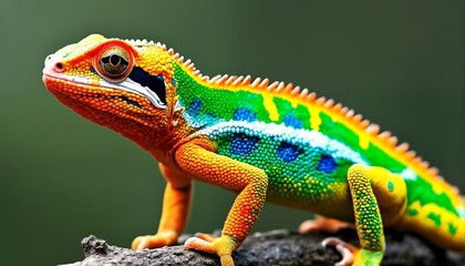 Obraz premium A close-up photograph of a chameleon perched on a branch, showcasing its vibrant colors and intricate details.