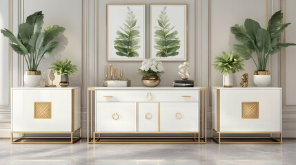 Elegant Modern Interior with White Cabinets and Green Plants
