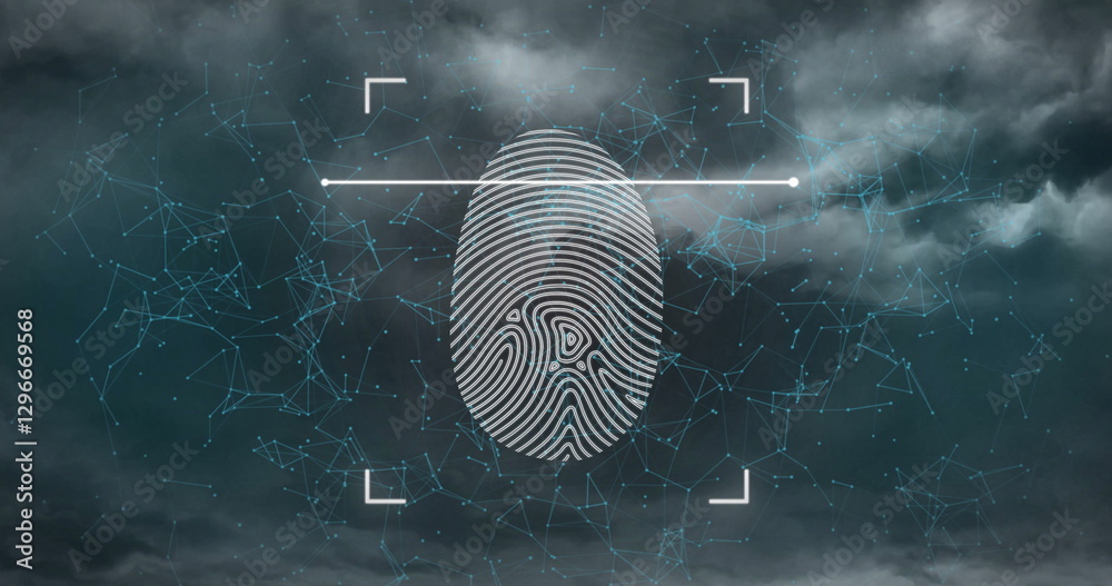 Poster image of biometric fingerprint and data processing over clouds
