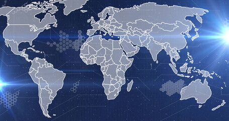 Fototapeta premium Image of financial data processing over world map on dark background