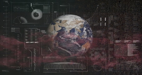 Image of globe, statistics and data processing over cityscape