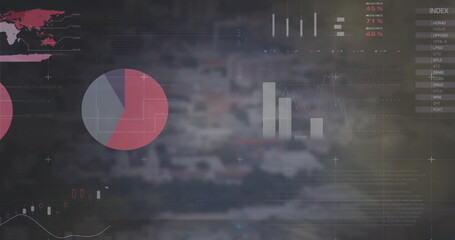 Image of statistics and data processing over cityscape