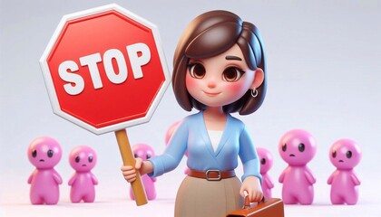 Cartoon woman holding a STOP sign, emphasizing protest and protection from harassment, 3D rendering