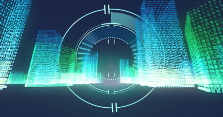 Image of scope and digital data processing over 3d blocks on black background