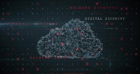 Image of cloud, padlock and shield icon and data processing on black background