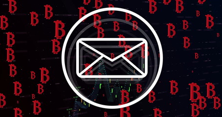 Image of bitcoin icons, email envelope and data processing over black background