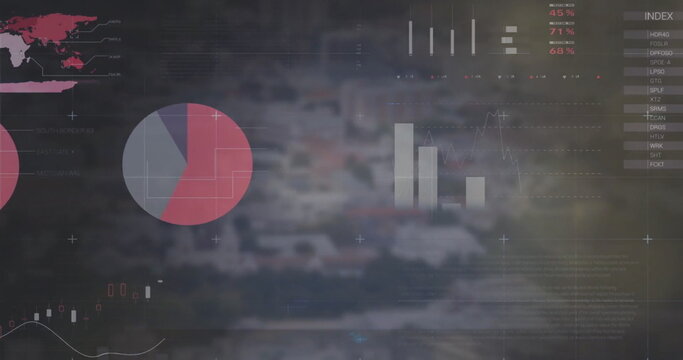 Image of statistics and data processing over cityscape