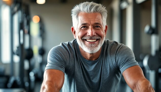 smiling older man with short gray hair and a grey t-shirt posing in a gym.