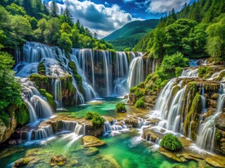 Fototapeta premium Huanglong Scenic Area Panoramic Waterfall Lush Greenery China Travel Photography