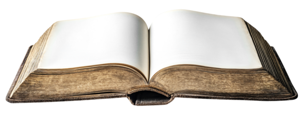 ancient book lies open, revealing its blank pages and aged, textured cover, evoking sense of mystery and history