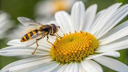 Obraz premium A Hoverfly on Daisy: A striking hoverfly delicately perches on the vibrant yellow center of a daisy, showcasing the intricate details of nature's design. The pristine petals offer a stark contrast.