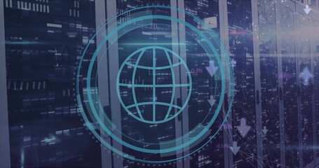 Image of globe icon and digital data processing over computer servers