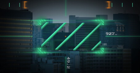 Image of financial data processing over cityscape