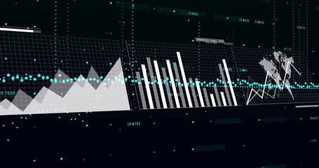 Image of financial data processing on black background