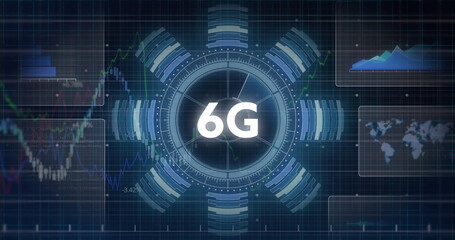 Image of scope scanning over financial data processing on black background