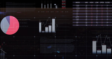 Image of financial data processing on black background