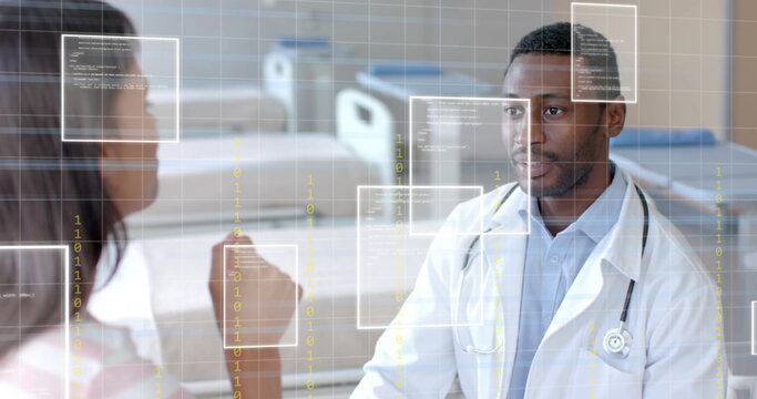 Image of data processing over african american male doctor and caucasian female patient