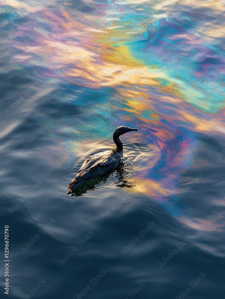 Poster seabird struggles in oil spill with rainbow sheen on ocean surface during daylight. generative ai