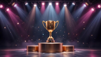 Golden Trophy on Pedestal Surrounded by Colorful Stage Lights and Sparkles for Celebrations and Achievements