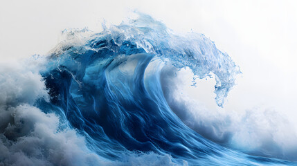 A giant wave made of blue water, against a white background
