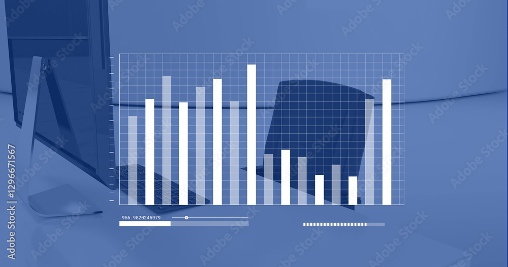 Poster image of digital data processing over computer on desk in office