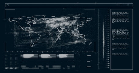 Image of world map and data processing over black background