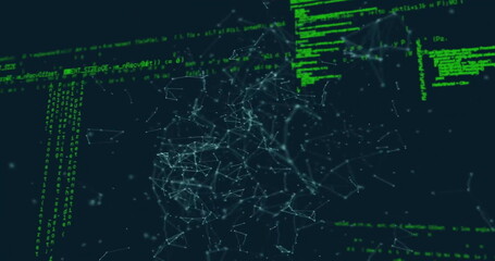 Image of network of connections and digital data processing over dark background