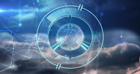 Image of scope, connections and digital data processing over clouds