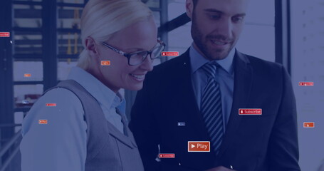 Image of icons and data processing over diverse business people in office