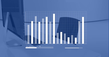 Image of digital data processing over computer on desk in office