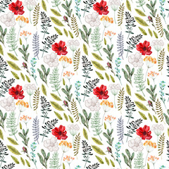 Watercolor seamless pattern with red flower, pansies and green meadow plants