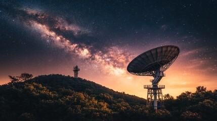 Milky Way Over Radio Telescope and Tower on Hill at Dusk