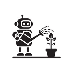 Robot Watering Plant Icon Vector Art | Automated Gardening & Technology Illustration