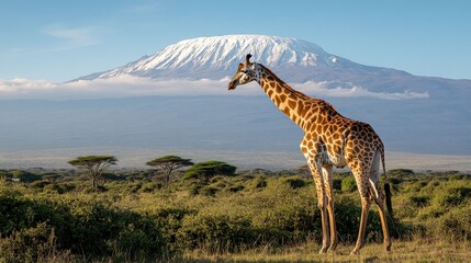 Obraz premium Giraffe grazing in african savannah with majestic mount kilimanjaro backdrop