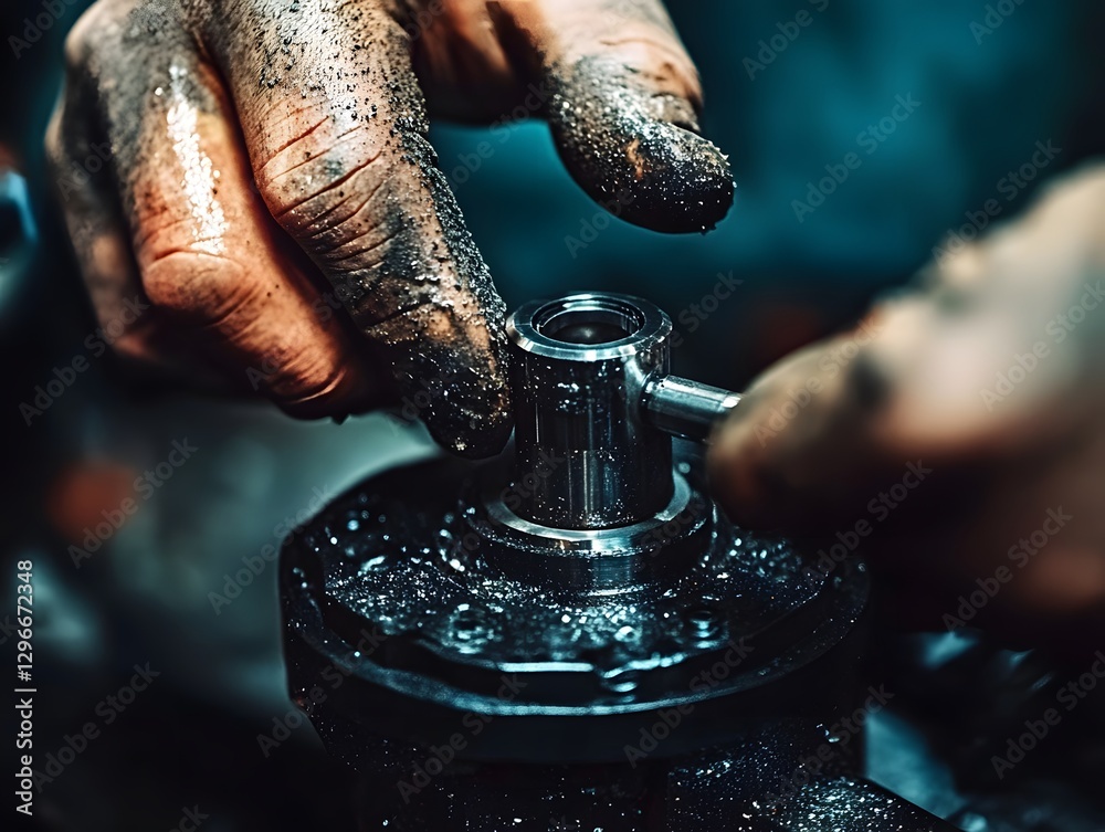 Fototapete close-up of hands working on mechanical part in workshop environment