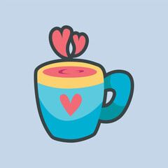 blue glass cup with love shape aroma in outline flat vector design
