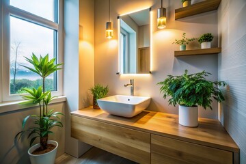 Fototapeta premium Modern Compact Bathroom: Sleek Wall-Mounted Sink & Minimalist Faucet in Cozy Space