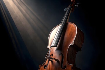 A dramatic and artistic close-up image of a cello against a dark background. The image focuses on the curves and details of the cello, particularly the body and the f-holes