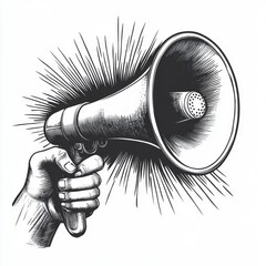 Megaphone in hand. Promotion loudspeaker, hand holding a megaphone, sound waves, Scratch board imitation. Black and white image.