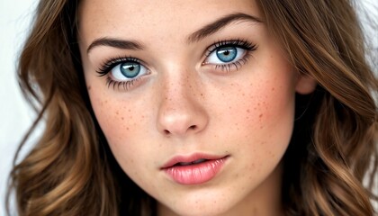Obraz premium A close-up of a young woman's face with blue eyes and freckles.