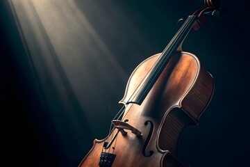 A dramatic and artistic close-up image of a cello against a dark background. The image focuses on the curves and details of the cello, particularly the body and the f-holes